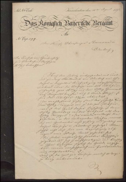 Erlasse des Königlich Bayerischen Bergamtes Kaiserslautern an den
                        Obersteiger in Odenbach betr. Materialbedarf etc.