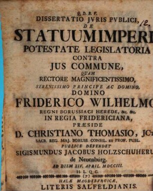 Dissertatio Jvris Pvblici, De Statuum Imperii Potestate Legislatoria Contra Jus Commune