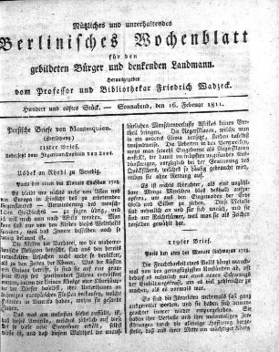 Hundert und elftes Stueck, Sonnabend, den 16. Februar 1811.