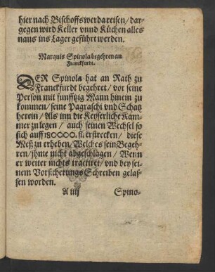 Marquis Spinola begehren an Franckfurdt.