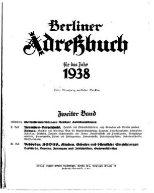 Berliner Adreßbuch für das Jahr 1938 Zweiter Band