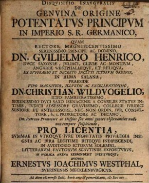 Disqvisitio Inavgvralis De Genvina Origine Potentatvs Principvm In Imperio S. R. Germanico