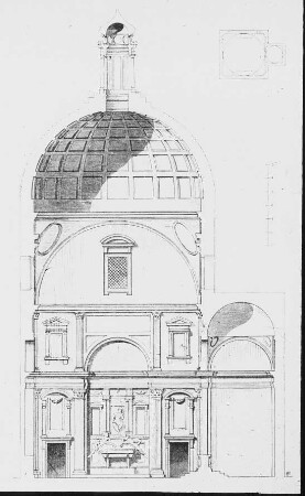 Florenz, S. Lorenzo, Neue Sakristei (Sagrestia Nuova), Längsschnitt und Grundriss; Michelangelo Buonarroti