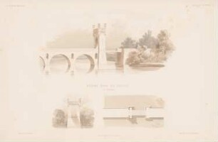 Brücke bei Nedlitz, Potsdam: Grundriss, Perspektivische Ansicht, Ansicht (aus: Atlas zur Zeitschrift für Bauwesen, hrsg. v. G. Erbkam, Jg. 4, 1854)