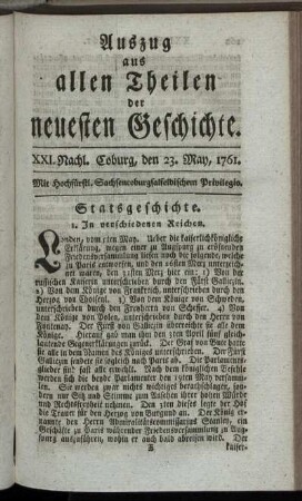 XXI. Nachl. Coburg, den 23. May, 1761.