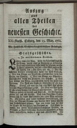 XXI. Nachl. Coburg, den 23. May, 1761.