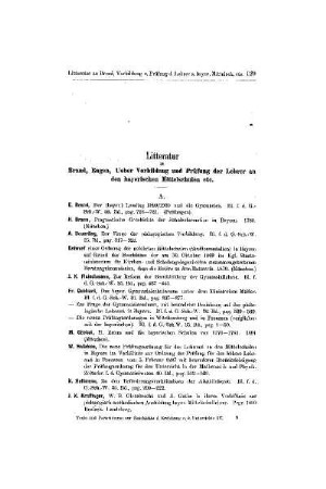 Litteratur : zu Brand, Eugen, Ueber Vorbildung und Prüfung der Lehrer an den bayerischen Mittelschulen etc.