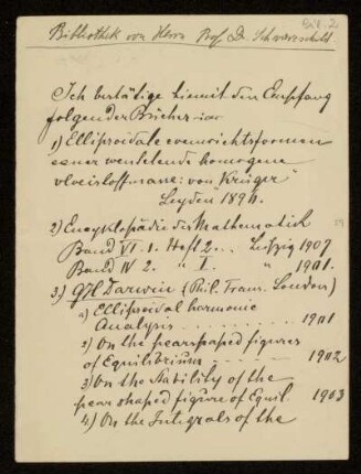 Beil. 2: Bestätigung Samuel Oppenheims über den Empfang von Büchern aus der Bibliothek Karl Schwarzschilds. Karolinenthal, 8.12. (ohne Jahr)