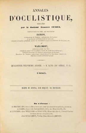Annales d'oculistique. 96 = A. 49 = Sér. 13, T. 6. 1886