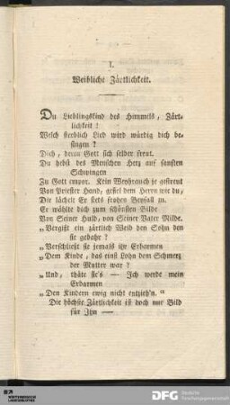 I. Weibliche Zärtlichkeit.