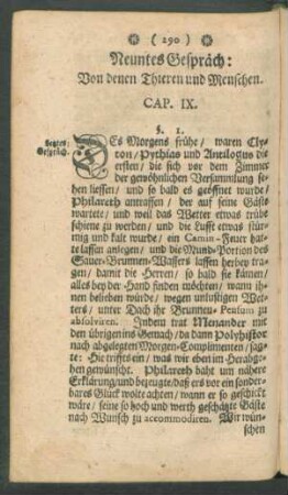 Neuntes Gespräch: Von denen Thieren und Menschen. Cap. IX.
