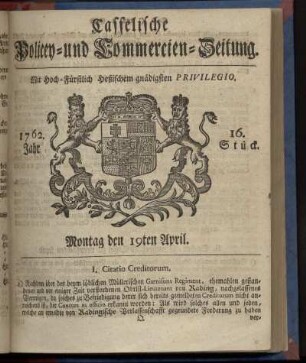 16. Stueck, Montag den 19ten April 1762