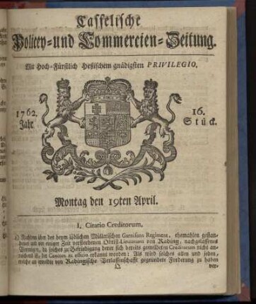 16. Stueck, Montag den 19ten April 1762