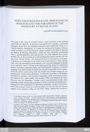 Post-Cold War Balkans: Which Past In Which State? The Paradigm Of The Massacre At Batak In 1876 Angeliki Konstantakopoulou