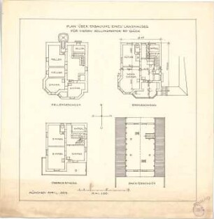 Pfann, Paul; Landhaus Zollinspektor Ed. Glück - Grundriss Keller, Grundriss EG, Grundriss OG, Grundriss DG