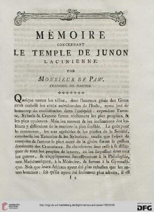 Mémoire concernant le temple de Junon Lacinienne