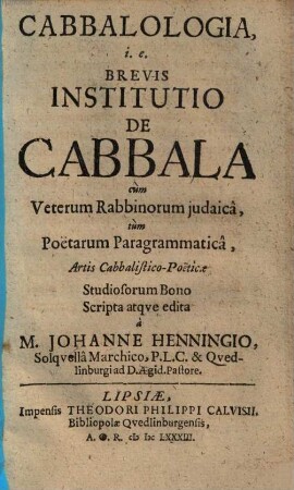 Cabbalologia, i.e. brevis institutio de Cabbala