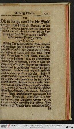 VII. Die in Relig. considerable Stadt Torgau