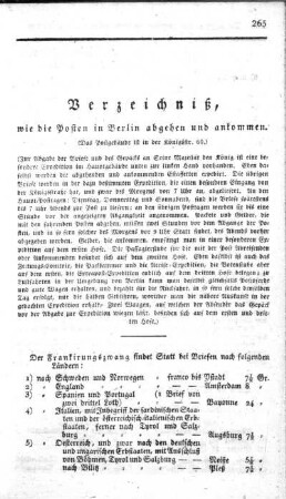 Verzeichniß wie die Posten in Berlin abgehen und ankommen
