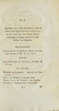 No. II. Naamlijst der Hoofd-Bevelhebbers van de Vloot en der legers van Philips en Parma ....