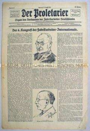 Gewerkschafts-Zeitung "Der Proletarier" u.a. zum 4. Kongress der Fabrikarbeiter- Internationale in Hannover