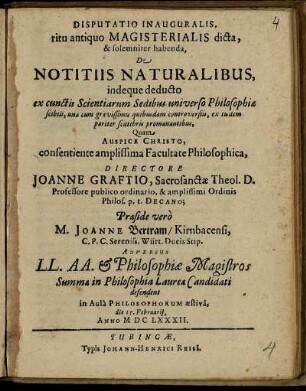 Disputatio Inauguralis, ritu antiquo Magisterialis dicta, & solemniter habenda, De Notitiis Naturalibus, indeque deducto ex cunctis Scientiarum Sedibus universo Philosophiae scibili, una cum gravissimis quibusdam controversiis, ex iisdem pariter scatebris promanantibus