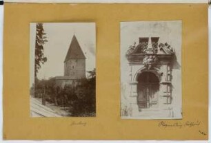 Kirche, Amberg / Rathaus, Regensburg: Ansicht Kirche, Ansicht Portal Rathaus (aus: Skizzen- und Fotoalbum 15)