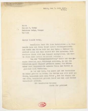 Brief an Donald Francis Tovey : 07.07.1928