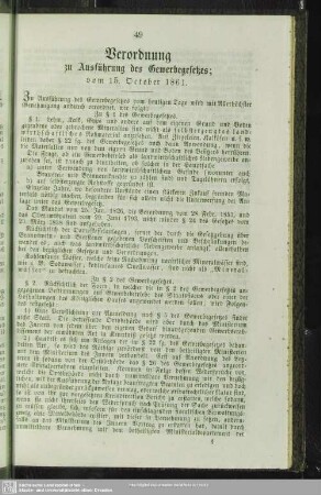Verordnung zu Ausführung des Gewerbegesetzes; vom 15. October 1861