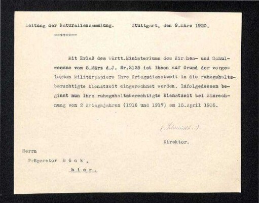Beginn ruhegehaltsjberechtigte Dienstzeit Präparator Böck