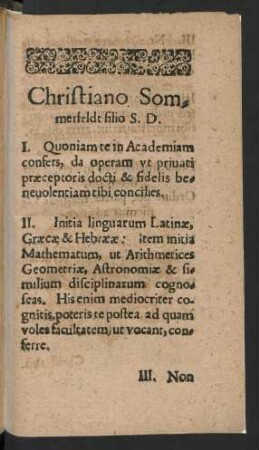 Christiano Sommerfeldt filio S. D.