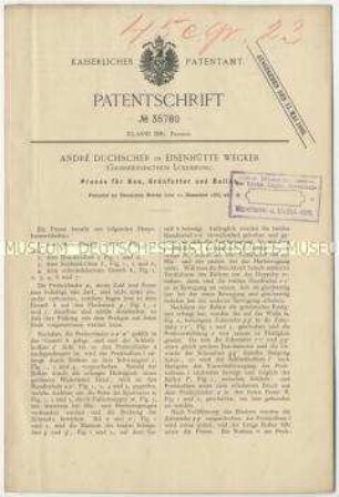 Patentschrift einer Presse für Heu, Grünfutter und Ballen, Patent-Nr. 35780