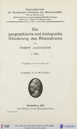 1916, 6. Abhandlung: Sitzungsberichte der Heidelberger Akademie der Wissenschaften, Mathematisch-Naturwissenschaftliche Klasse: Abteilung B, Biologische Wissenschaften: Die geographische und biologische Gliederung des Rheinstroms : I. Teil