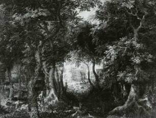 Waldlandschaft mit Treibjagd auf einen Hirsch