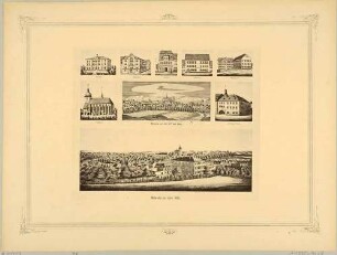 Bilderbogen mit zwei Ansichten von Mittweida (nach Dilich, von 1677 und aus dem Jahre 1885) und sieben weiteren Ansichten bedeutender Gebäude Mittweidas