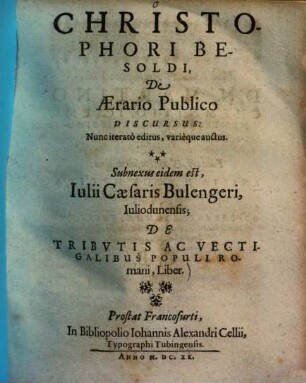 Christophori Besoldi de aerario publico discursus