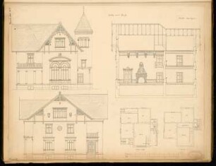 Villa Monatskonkurrenz November 1886: Grundriss Erdgeschoss, Obergeschoss, Aufriss Vorderansicht, Seitenansicht, Querschnitt; 2 Maßstabsleisten