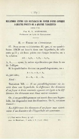 Relations entre les distances du foyer d´une conique a quatre points ou a quatre tangentes.
