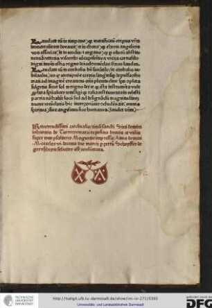 Reverendissimi cardinalis tituli sancti Sixti domini Iohannis de Turrecremata expositio brevis et utilis super toto psalterio Moguntie impressa anno domini M cccclxxvi, decima die Martii per Petrum Schoyffer de GernÃßheym feliciter est consummata.