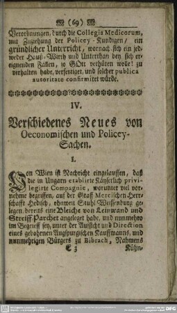 IV. Verschiedenes Neues von Oeconomischen und Policey-Sachen