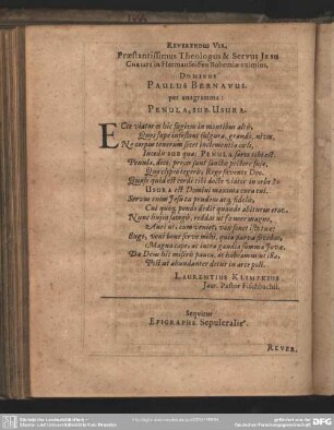 Reverendus Vir. Praestantissimus Theologus & Servus Jesu Christi in Hermanseiffen Bohemiae eximius, Dominus Paulus Bernavus per anagramma: Pernula, Sub. Usura