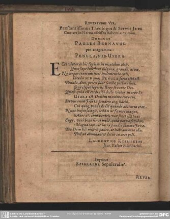 Reverendus Vir. Praestantissimus Theologus & Servus Jesu Christi in Hermanseiffen Bohemiae eximius, Dominus Paulus Bernavus per anagramma: Pernula, Sub. Usura