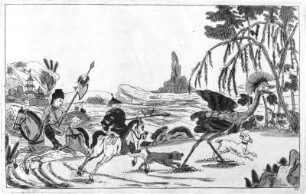 Straußenjagd : Straußenjagd. Illustration aus "Inventions Chinoises", Bd. XIV, Blatt 54. Radierung, koloriert; 16 x 25,2 cm. Dresden: Kupferstich-Kabinett in B 1156, 2