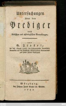 Untersuchungen über den Prediger : nebst kritischen und philologischen Bemerkungen