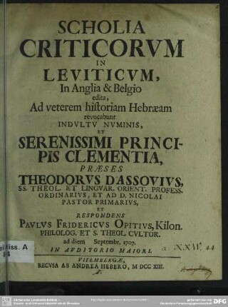Scholia Criticorum In Leviticum : In Anglia & Belgio edita, Ad veterem historiam Hebraeam revocabunt ...