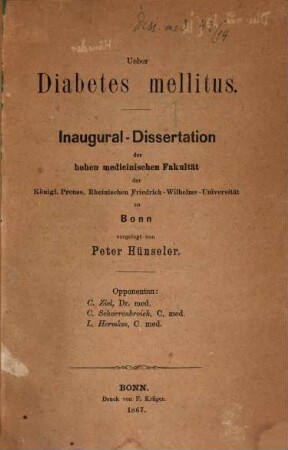 Ueber Diabetes mellitus : Inaug. Diss.