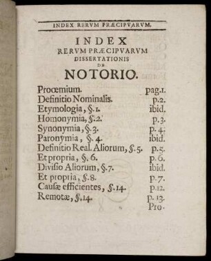 Index Rerum Præcipuarum Dissertationis De Notorio.
