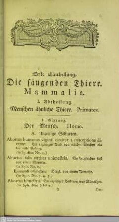 Erste Eintheilung. Die säugenden Thiere