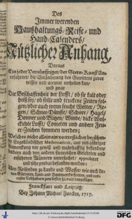 Des Immer werenden Haußhaltungs- Reise- und Hand-Calenders Nützlicher Anhang.
