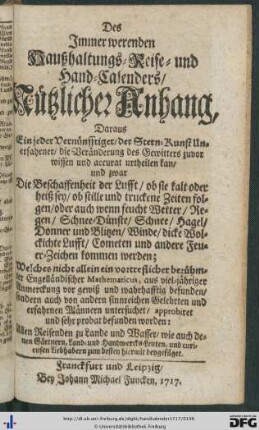Des Immer werenden Haußhaltungs- Reise- und Hand-Calenders Nützlicher Anhang.